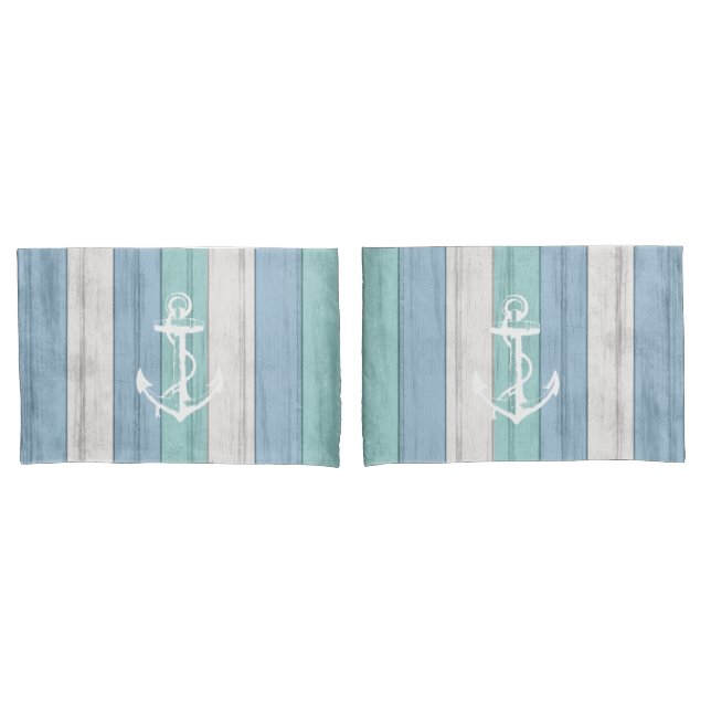 Blue Wood Nautical Stripes & Anchor Kissenbezug (Vorderseite-Set)