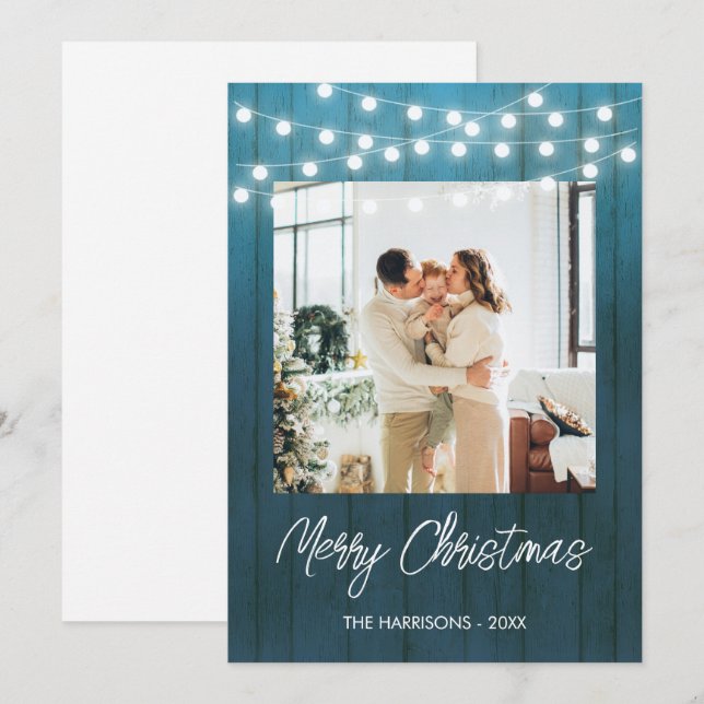 Blue Wood Plate String Lights Foto Weihnachten (Vorne/Hinten)