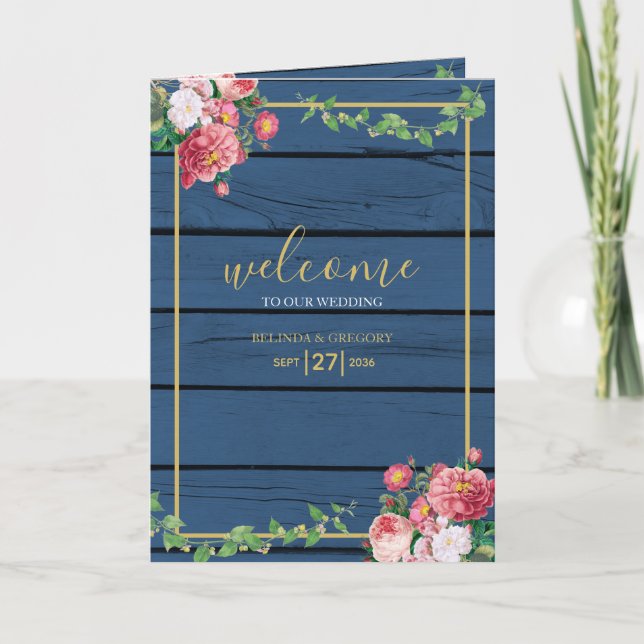 Blue Wood Rose Gold Wedding Order of Service Programm (Vorderseite)