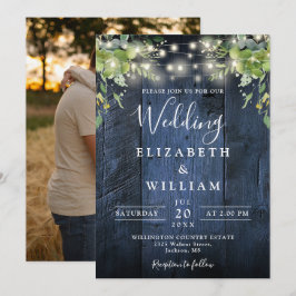 Blue Wood String Lights Greenerity Foto Wedding Einladung