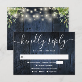 Blue Wood String Lights Greenery Boho Wedding RSVP Karte