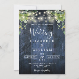 Blue Wood String Lights Grüne QR Code Hochzeit Einladung