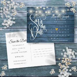 Blue Wood String Lights Kalender Save the Date Ankündigungspostkarte