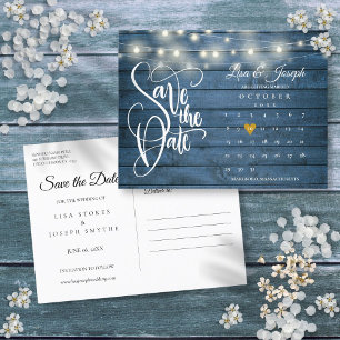 Blue Wood String Lights Kalender Save the Date Ankündigungspostkarte