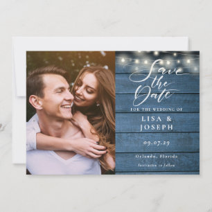 Blue Wood String Lights Script Foto Wedding Save The Date