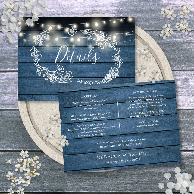 Blue Wood String Lights Wedding Details Card Einladung (Blue Wood String Lights Wedding Details Card)