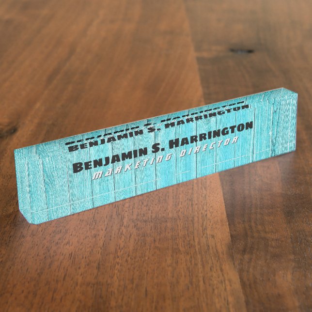 Blue Wood Vertical Slats Office  Namensplakette (Seite)