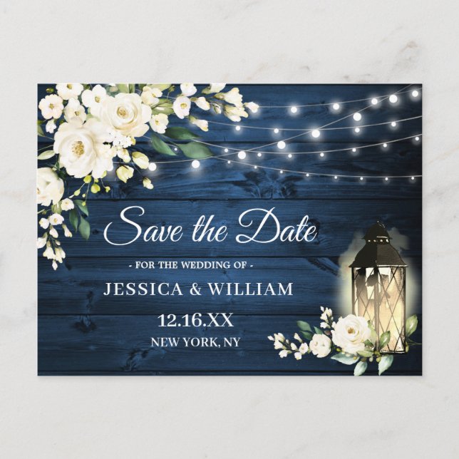 Blue Wood White Roses Rustic Wedding Save the Date Postkarte (Vorderseite)