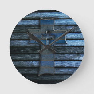 Blue Wooden Cross Runde Wanduhr
