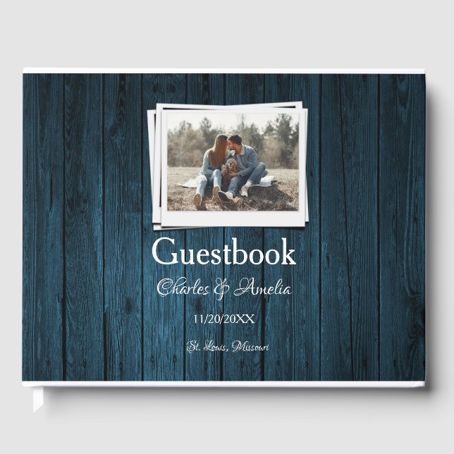 Blue Wooden Foto Hochzeitstag Gästebuch (Vorderseite)