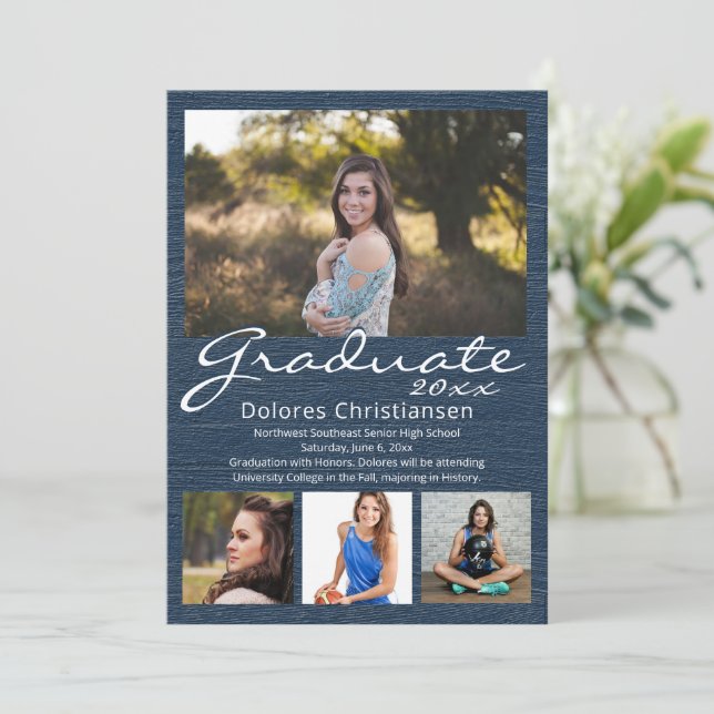 Blue Woodgrain Modern 4 Foto Abschluss Einladung (Stehend Vorderseite)