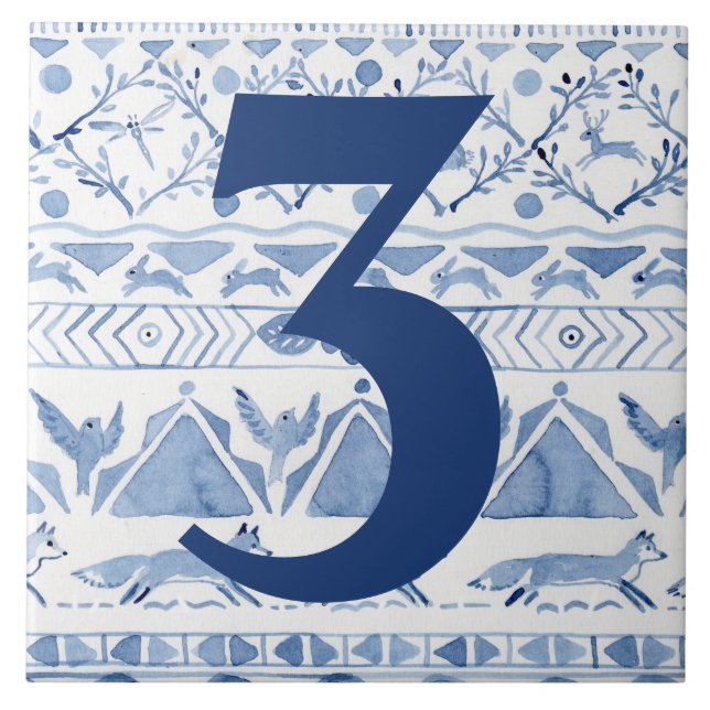 Blue Woodland Animal Ikat House Anschrift Nr. 3 Fliese (Vorderseite)