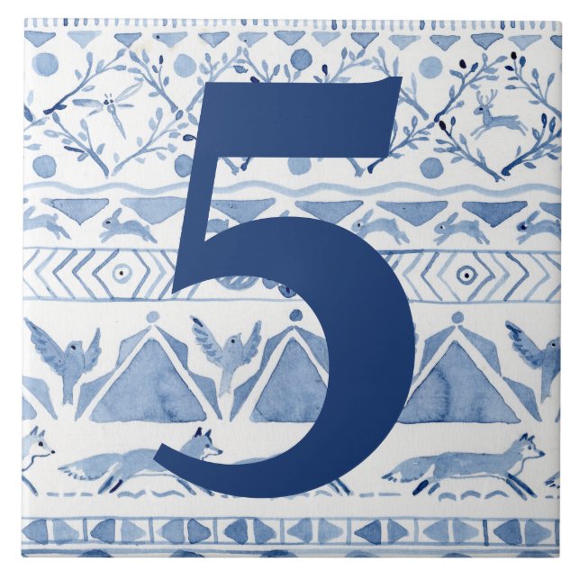 Blue Woodland Animal Ikat House Anschrift Nummer 5 Fliese (Vorderseite)
