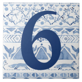 Blue Woodland Animal Ikat House Anschrift Nummer 6 Fliese