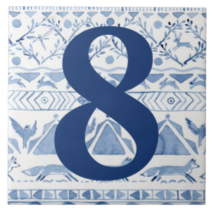 Blue Woodland Animal Ikat House Anschrift Nummer 8 Fliese