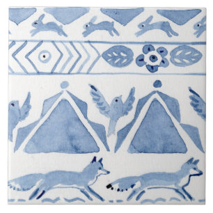 Blue Woodland Animal Ikat Pattern Fox Version 2 Fliese