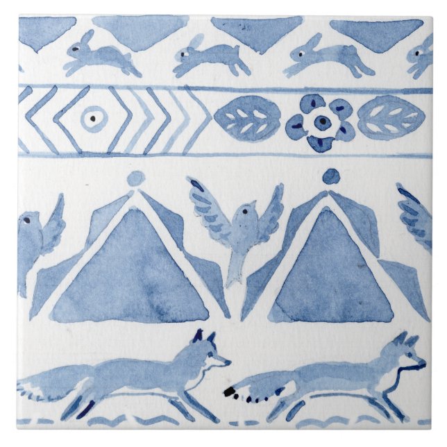 Blue Woodland Animal Ikat Pattern Fox Version 2 Fliese (Vorderseite)