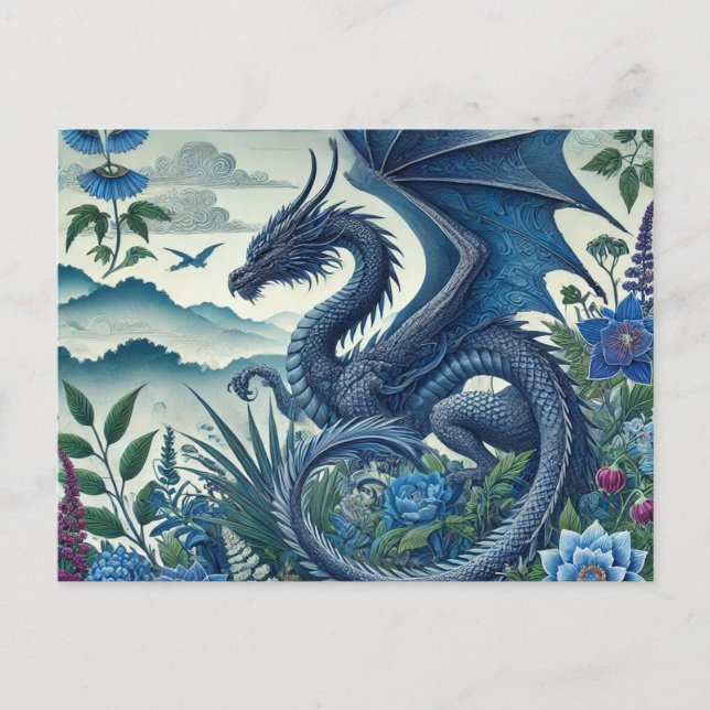 Blue Woodland Dragon Postcard | Verzauberte Fantas Postkarte (Vorderseite)