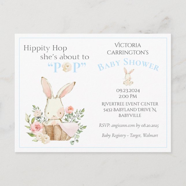 Blue Woodland Forest Bunny Floral Baby Einladung Postkarte (Vorderseite)