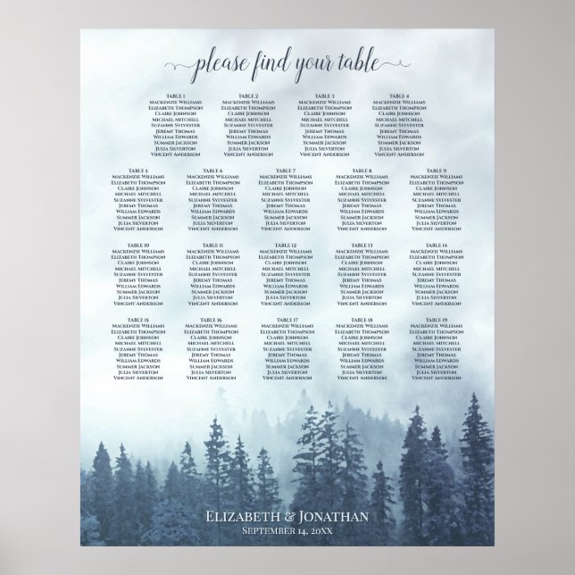 Blue Woodland Pine 19 Table Wedding Seating Chart Poster (Vorne)