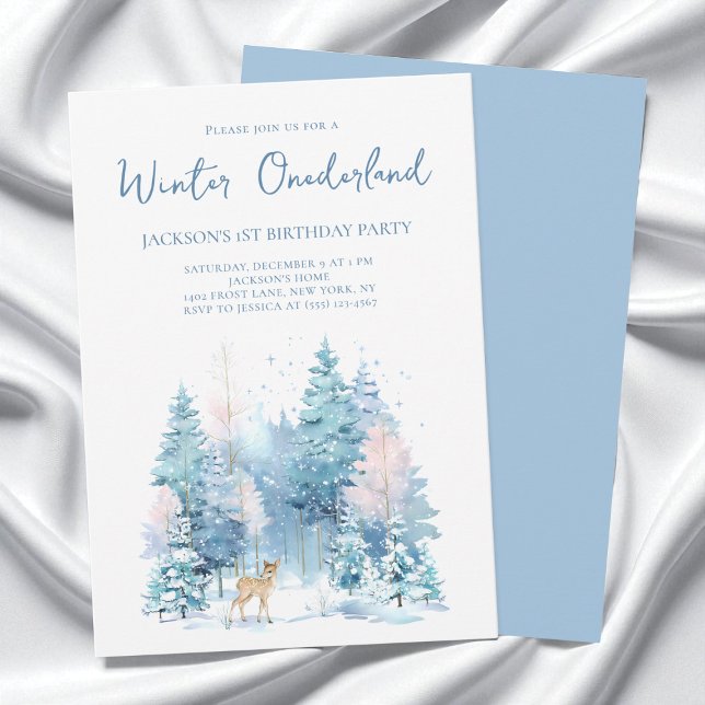 Blue Woodland Winter Wonderland 1. Geburtstag Part Einladung (Blue Woodland Winter Wonderland 1st Birthday Party Invitation)