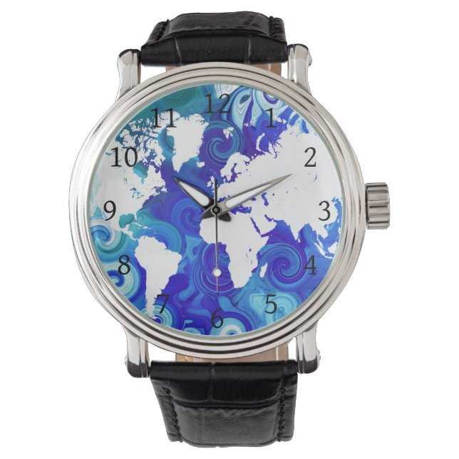 Blue World Map Design 267 Armbanduhr (Vorderseite)