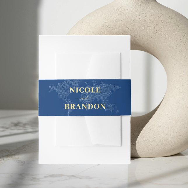 Blue World Map Hochzeit in Urlaubsort Einladungsbanderole (Blue World Map Destination Wedding Invitation Belly Band)