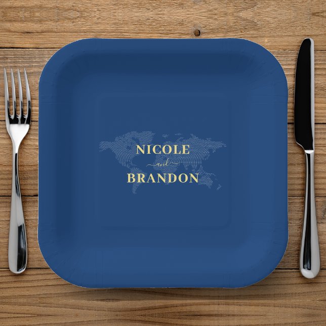 Blue World Map Hochzeit in Urlaubsort Pappteller (Blue World Map Destination Wedding Paper Plates)