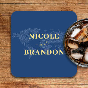 Blue World Map Hochzeit in Urlaubsort Rechteckiger Pappuntersetzer