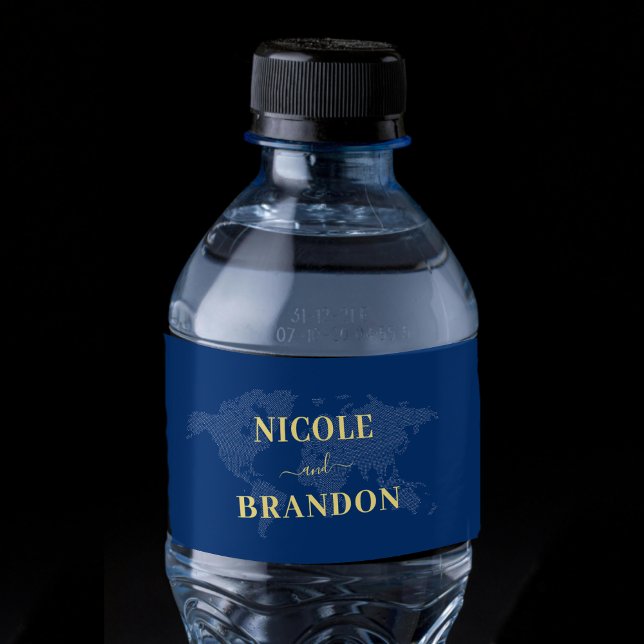 Blue World Map Hochzeit in Urlaubsort Wasserflaschenetikett (Blue World Map Destination Wedding Water Bottle Label)