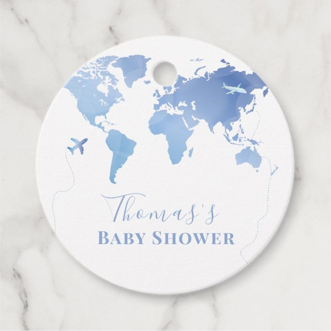Blue World Map Reiseerlebnis Baby Dusche Geschenkanhänger (Vorderseite)