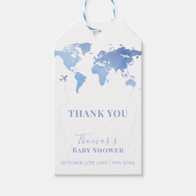 Blue World Map Reiseerlebnis Baby Dusche Geschenkanhänger (Vorderseite)