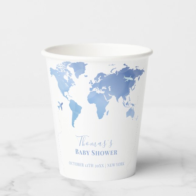 Blue World Map Reiseerlebnis Baby Dusche Pappbecher (Vorderseite)