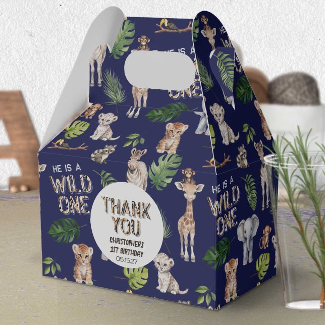Blue World One Themed Safari Animals Geburtstag Geschenkschachtel (Navy Blue, Wild One Safari Themed 1st birthday favor box.)