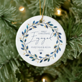 Blue Wreath First Christmas Verlobt Keramik Ornament