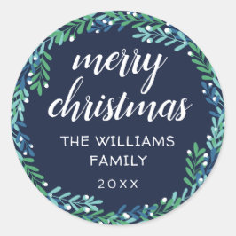 Blue Wreath Frohe Weihnachten Runder Aufkleber