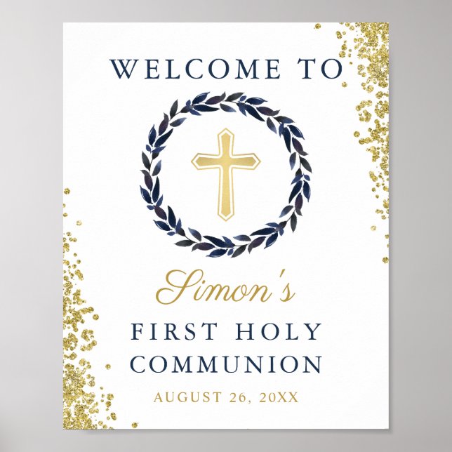 Blue Wreath Gold Glitzer Erste Heilige Kommune Poster (Vorne)