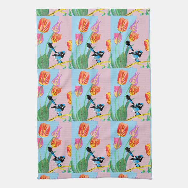 Blue Wren Bird Pink und Blue Blumen Geschirrtuch (Vertikal)