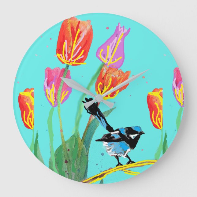 Blue Wren Blue Birds Painted Art Wall Clock Große Wanduhr (Vorderseite)