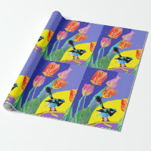 Blue Wren Tulips Art Blume Watercolor Wrapping
