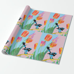 Blue Wren Tulips Art Blume Watercolor Wrapping Geschenkpapier