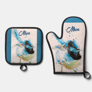 Blue Wren Wrens Watercolor Aquamarin Blue Australi Ofenhandschuh & Topflappen-Set