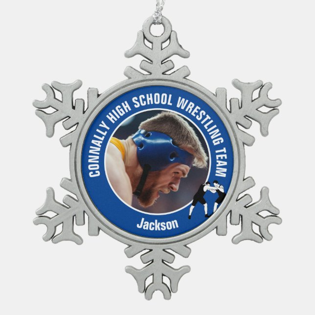 Blue Wrestling Team Photo High School Wrestler Schneeflocken Zinn-Ornament (Vorderseite)