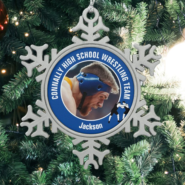 Blue Wrestling Team Photo High School Wrestler Schneeflocken Zinn-Ornament (Von Creator hochgeladen)