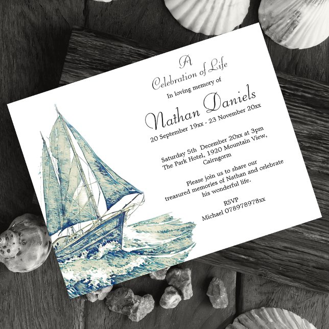 Blue Yacht Celebration of Life Card Einladung (Celebrate a life lived on the ocean.)