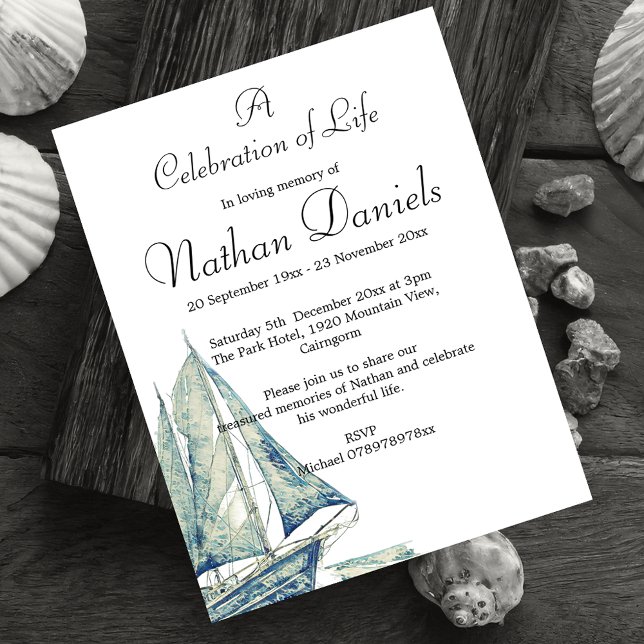 Blue Yacht Celebration of Life Card Einladung (Nautical themed celebration of life cards.)