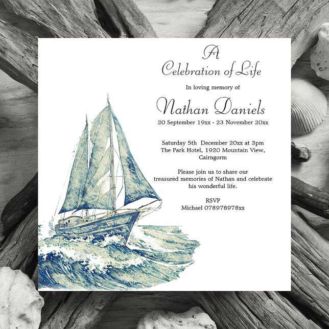 Blue Yacht Funerity Announcement Card Einladung (Von Creator hochgeladen)