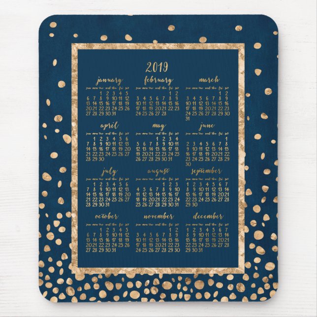 Blue Yearly Calendar 2019 Mouse Pads Gold Confetti Mousepad (Vorne)