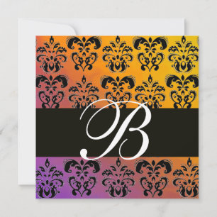 BLUE YELLOS LILA BLACK DAMASK MONOGRAM, weiß Einladung