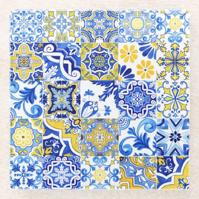 Blue & Yellow Azulejo Portugiesisch Majolica Mosai Glasuntersetzer (Vorderseite)